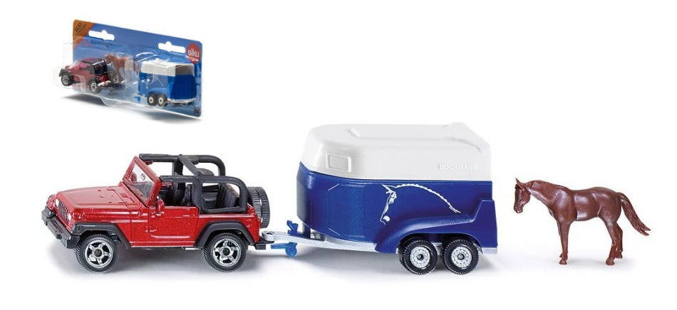 MODELLINO IN SCALA COMPATIBILE CON AUTO CON RIMORCHIO TRASPORTO CAVALLI 1:87 SIKU SK1651