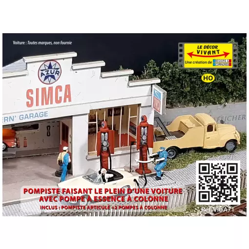 Pompiste faisant le plein d’une voiture en actionnant une pompe à colonne - Régions & Compagnies VILA71 - HO 1/87