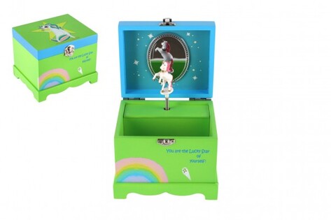 Armadietto portagioie unicorno che gioca per allungare il piano in legno con cerniera verde