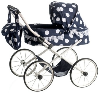 Carrozzina per bambole piccola Ewa RETRO nera con pois