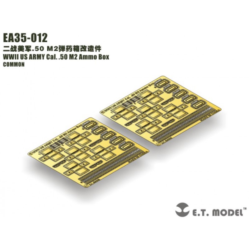 Fotoincisione: scatola di munizioni degli Stati Uniti della seconda guerra mondiale per mitragliatrice M2 Cal. 50. E.T. MODEL EA35-012