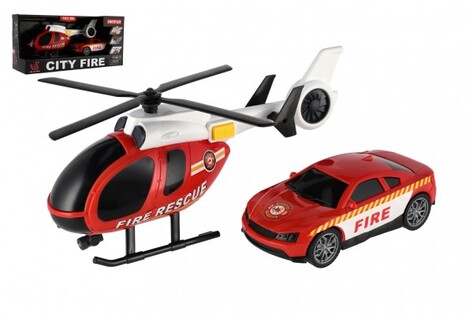Elicottero, auto dei pompieri in plastica a batteria con luce e suono, 37x17,5x12cm
