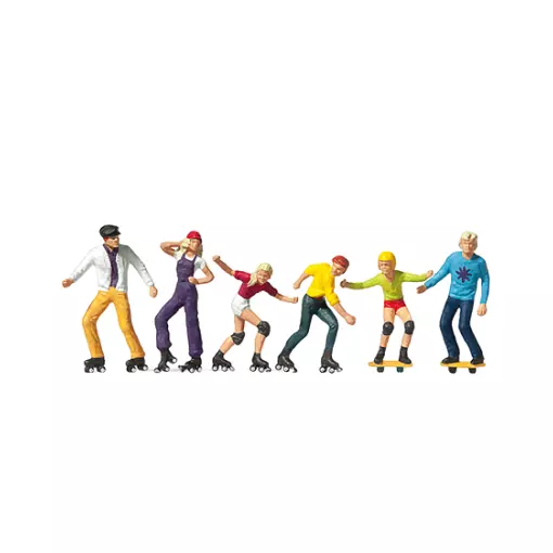 Confezione da 6 personaggi con pattini a rotelle e tavole da skate - Figurina - PREISER 10074 - Scala HO : 1/87th