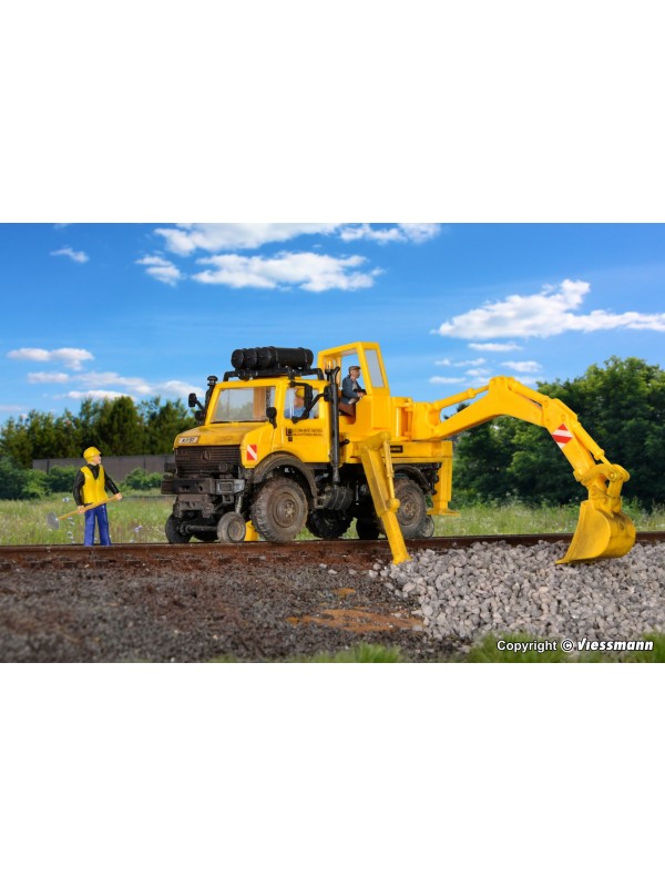 KIBRI 16307 Scala HO Unimog equipaggiato per treno cantiere con pala dietro