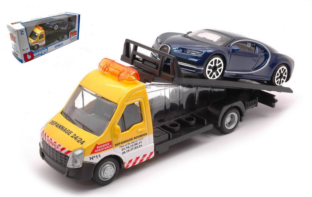 MODELLINO IN SCALA COMPATIBILE CON BUGATTI CHIRON + FLATBED TRANSPORTER 1:43 BURAGO BU31409