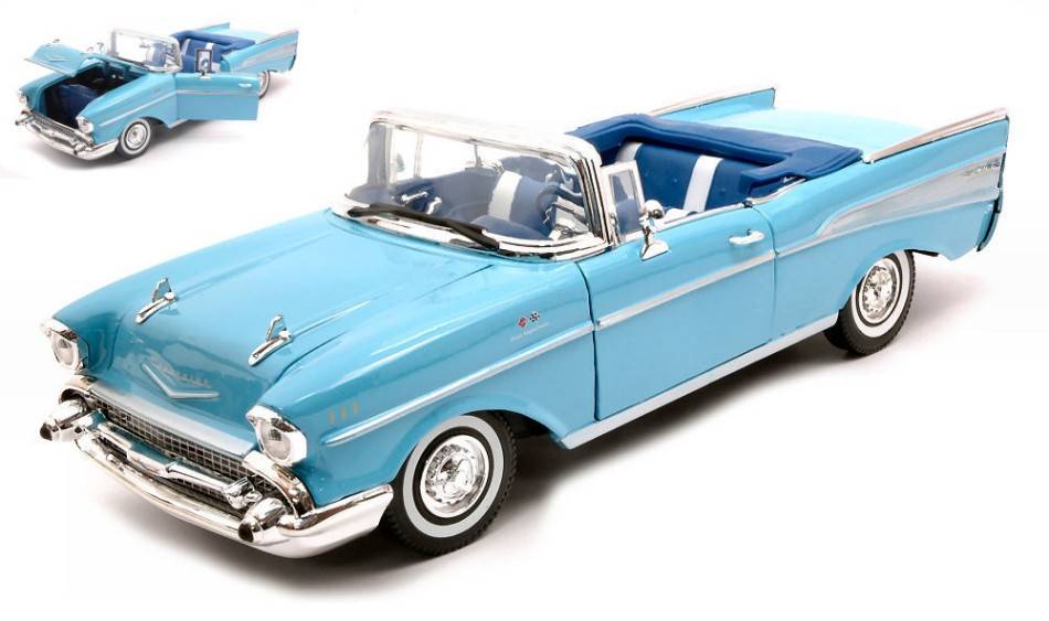 MODELLINO IN SCALA COMPATIBILE CON CHEVROLET BEL AIR CONVERTIBLE 1957 LIGHT BLUE 1:18 MOTORMAX MTM73175B