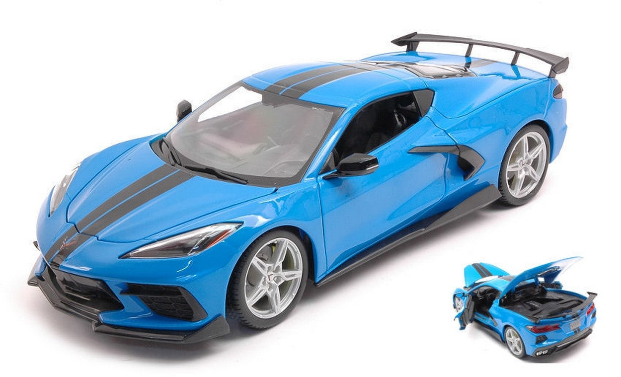 MODELLINO IN SCALA COMPATIBILE CON CHEVROLET CORVETTE STINGRAY (HIGH WING) 2020 BLUE 1:18 MAISTO MI31455B