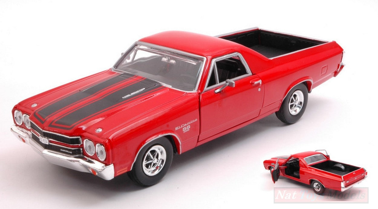 MODELLINO IN SCALA COMPATIBILE CON CHEVROLET EL CAMINO SS 396 1970 RED W/BLACK STRIPES 1:24 MOTORMAX MTM79347R