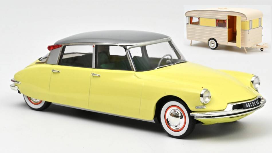 MODELLINO IN SCALA COMPATIBILE CON CITROEN DS 19 1960 YELLOW & CARAVAN DIGUE PANORAMIC 1:18 NOREV NV181762