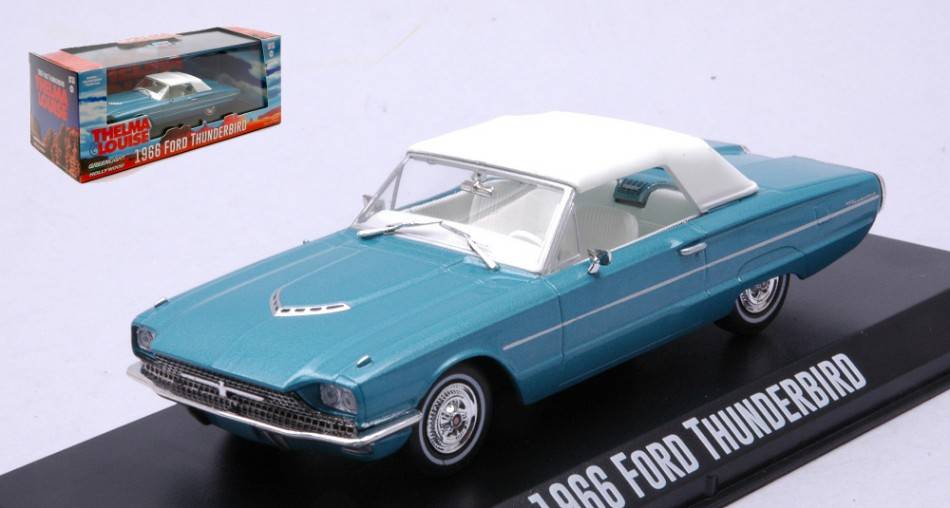 MODELLINO IN SCALA COMPATIBILE CON FORD THUNDERBIRD  (TOP-UP) "THELMA & LOUISE 1991" 1966 BLUE/WHITE 1:43 GREENLIGHT GREEN86619