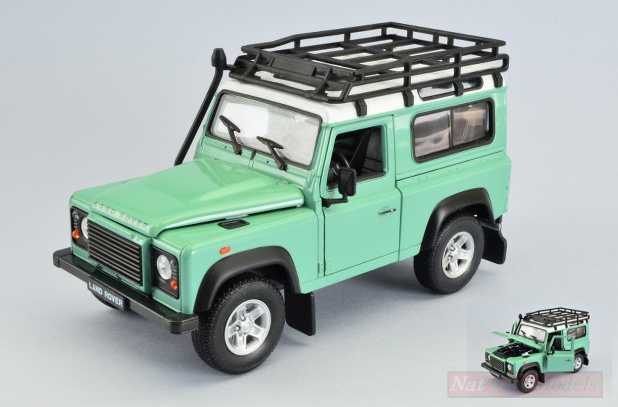 MODELLINO IN SCALA COMPATIBILE CON LAND ROVER DEFENDER LIGHT GREEN/WHITE W/ROOF RACK 1:24 WELLY WE22498SPGREEN