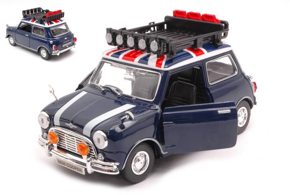 MODELLINO IN SCALA COMPATIBILE CON MINI COOPER CLASSIC WITH ROOF RACK BULE/WHITE/RED 1:18 MOTORMAX MTM79741