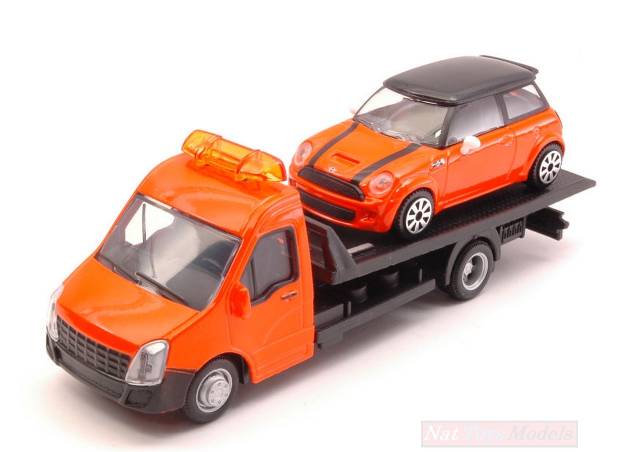 MODELLINO IN SCALA COMPATIBILE CON MINI COOPER + FLATBED TRANSPORTER 1:43 BURAGO BU31405
