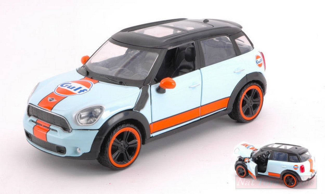 MODELLINO IN SCALA COMPATIBILE CON MINI COOPER S COUNTRYMAN "GULF" LIGHT BLUE ORANGE 1:24 MOTORMAX MTM79653
