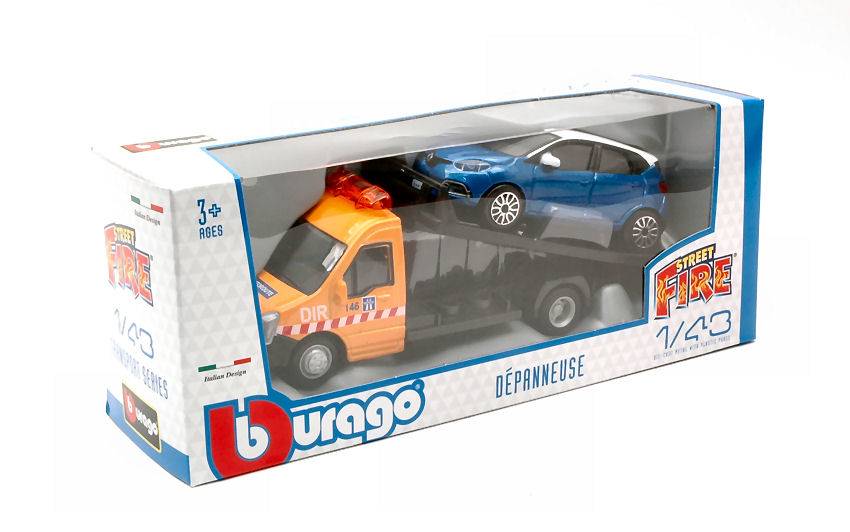 MODELLINO IN SCALA COMPATIBILE CON RENAULT CAPTUR + FLATBED TRANSPORTER 1:43 BURAGO BU31407