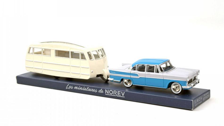 MODELLINO IN SCALA COMPATIBILE CON SIMCA VEDETTE CHAMBORD 1958 & CARAVANE HENON BLEU & GRIS 1:43 NOREV NVCL5712