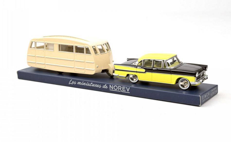 MODELLINO IN SCALA COMPATIBILE CON SIMCA VEDETTE CHAMBORD 1958 & CARAVANE HENON JAUNE & NOIR DIAMANT 1:43 NOREV NVCL5711