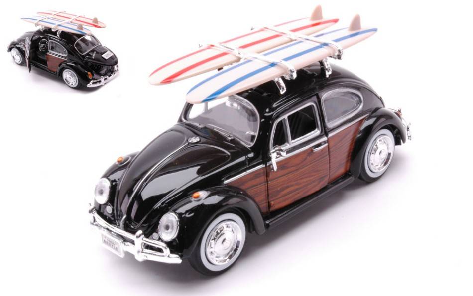 MODELLINO IN SCALA COMPATIBILE CON VW BEETLE W/SURFBOARD 1968 BLACK/BROWN 1:24 MOTORMAX MTM79591