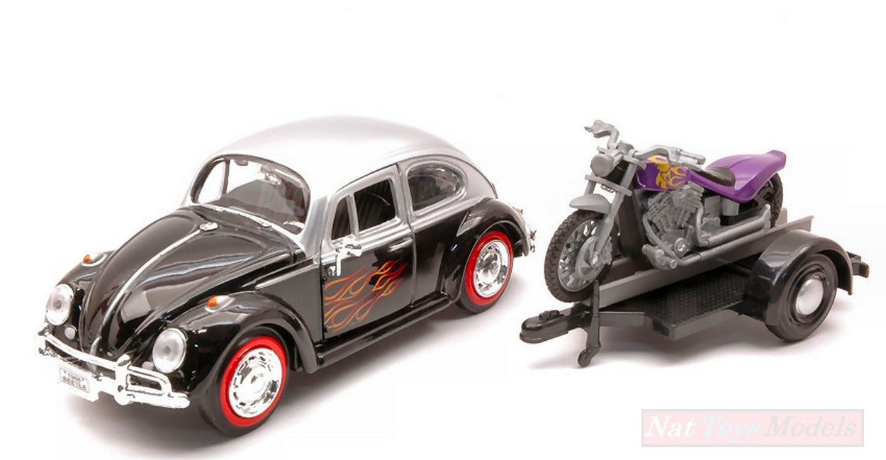 MODELLINO IN SCALA COMPATIBILE CON VW BEETLE W/TRAILER & MOTORCYCLE 1:24 MOTORMAX MTM79675