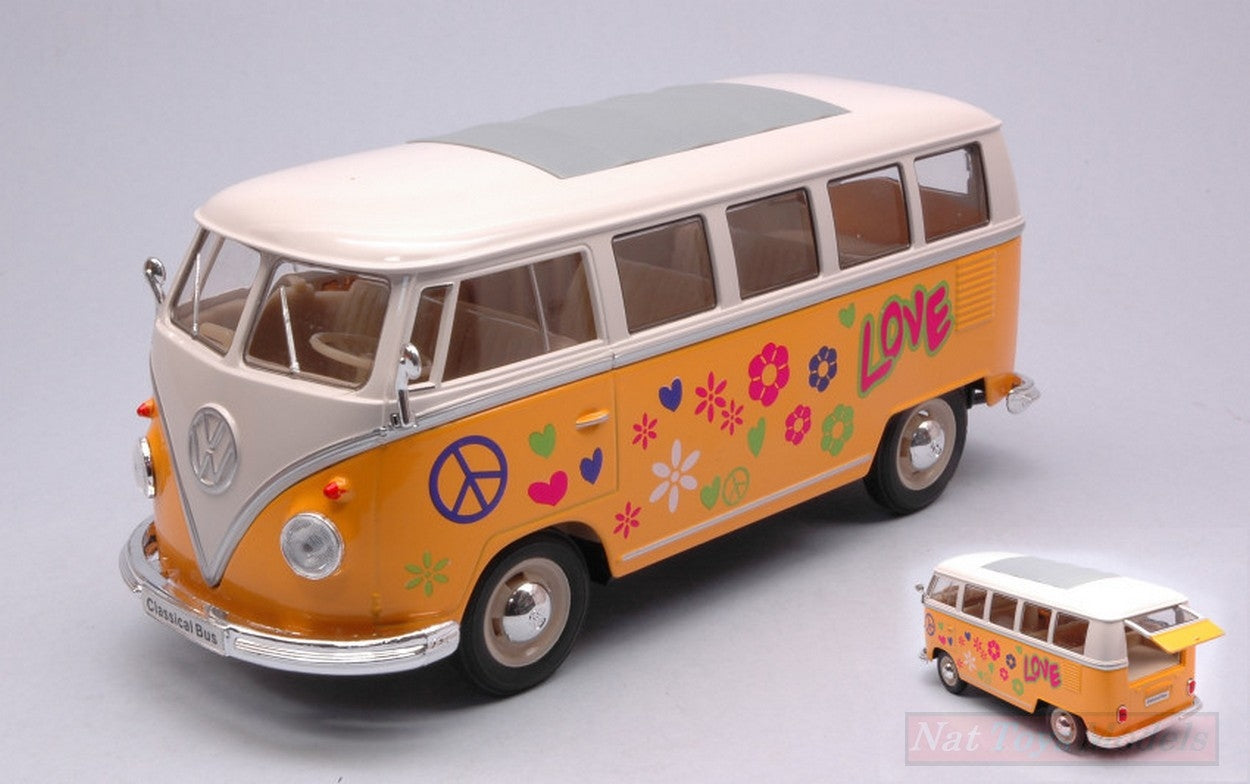 MODELLINO IN SCALA COMPATIBILE CON VW T1 BUS YELLOW/WHITE FLOWER POWER 1:24 WELLY WE22095A3