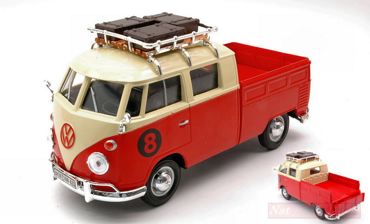 MODELLINO IN SCALA COMPATIBILE CON VW TYPE 2 (T1) 1965 PICK UP WITH ROOF RACK RED/CREAM 1:24 MOTORMAX MTM79582