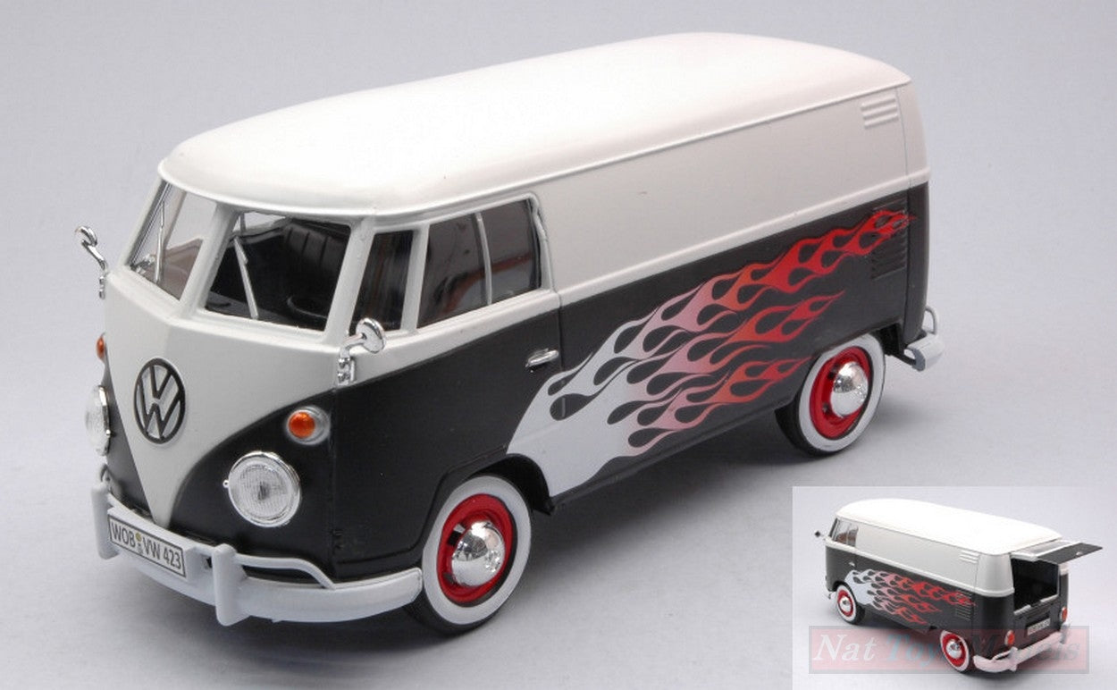 MODELLINO IN SCALA COMPATIBILE CON VW TYPE 2 (T1) DELIVERY VAN WHITE/BLACK W/FLAMES 1:24 MOTORMAX MTM79566