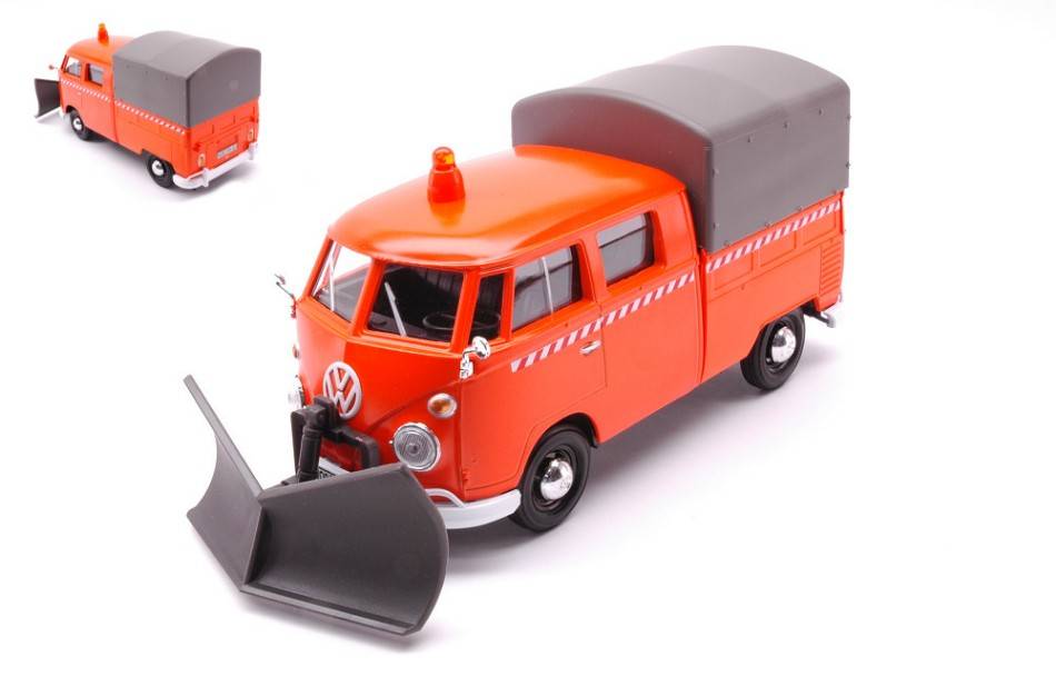 MODELLINO IN SCALA COMPATIBILE CON VW TYPE 2 T1 PICKUP TRUCK W/SNOW PLOW 1962 ORANGE 1:24 MOTORMAX MTM79593