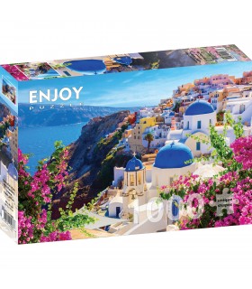 Puzzle da 1000 Pezzi - Santorini View with Flowers, Greece