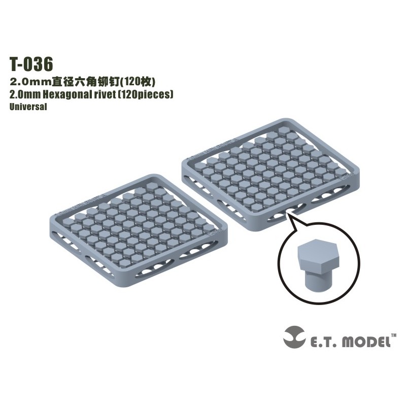 Rivetto esagonale da 2,0 mm (120 pezzi). E.T. MODEL T-036